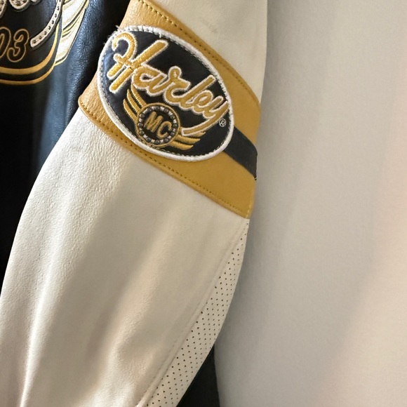 Harley-Davidson Women's Black and Cream Leather Jacket with Gold Accents - Picture 4 of 7